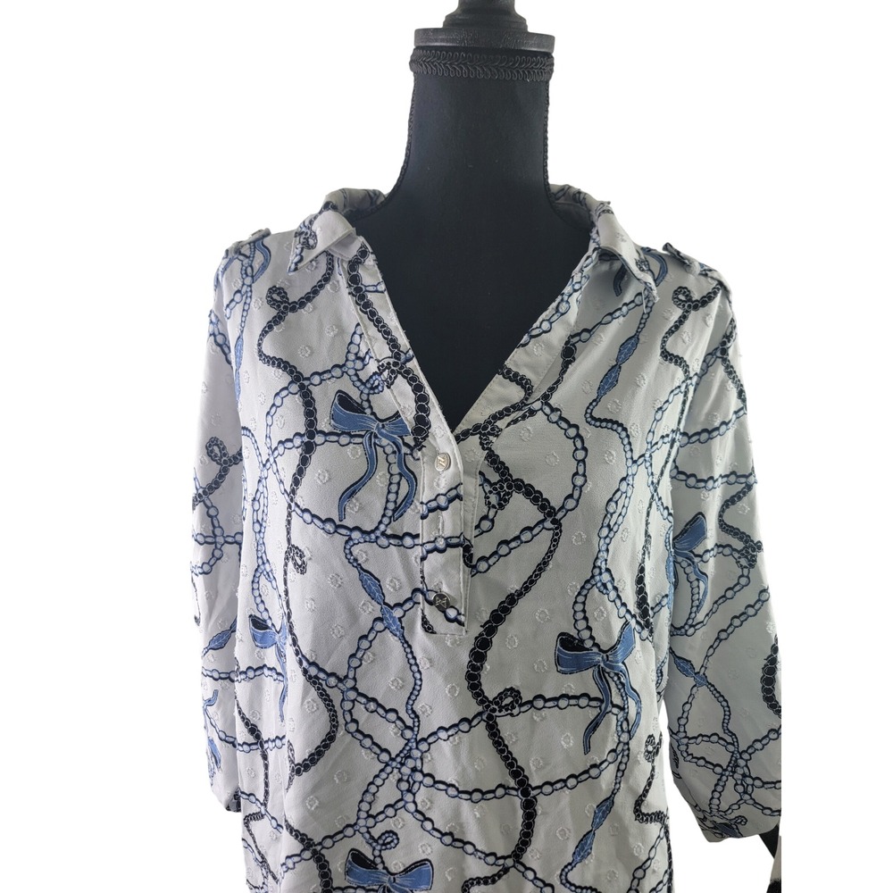 Adrienne Vittadini Womens White Blue Chain Bow Clip Dot Tunic Top Large VW340098 - Picture 2 of 7